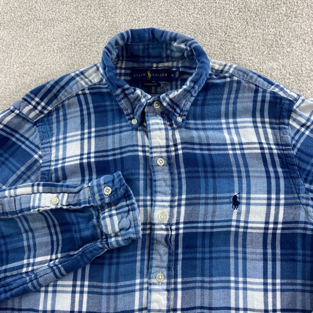 Ralph Lauren Button Down Shirt Mens M Blue Plaid Flannel Classic Fit Pony Logo